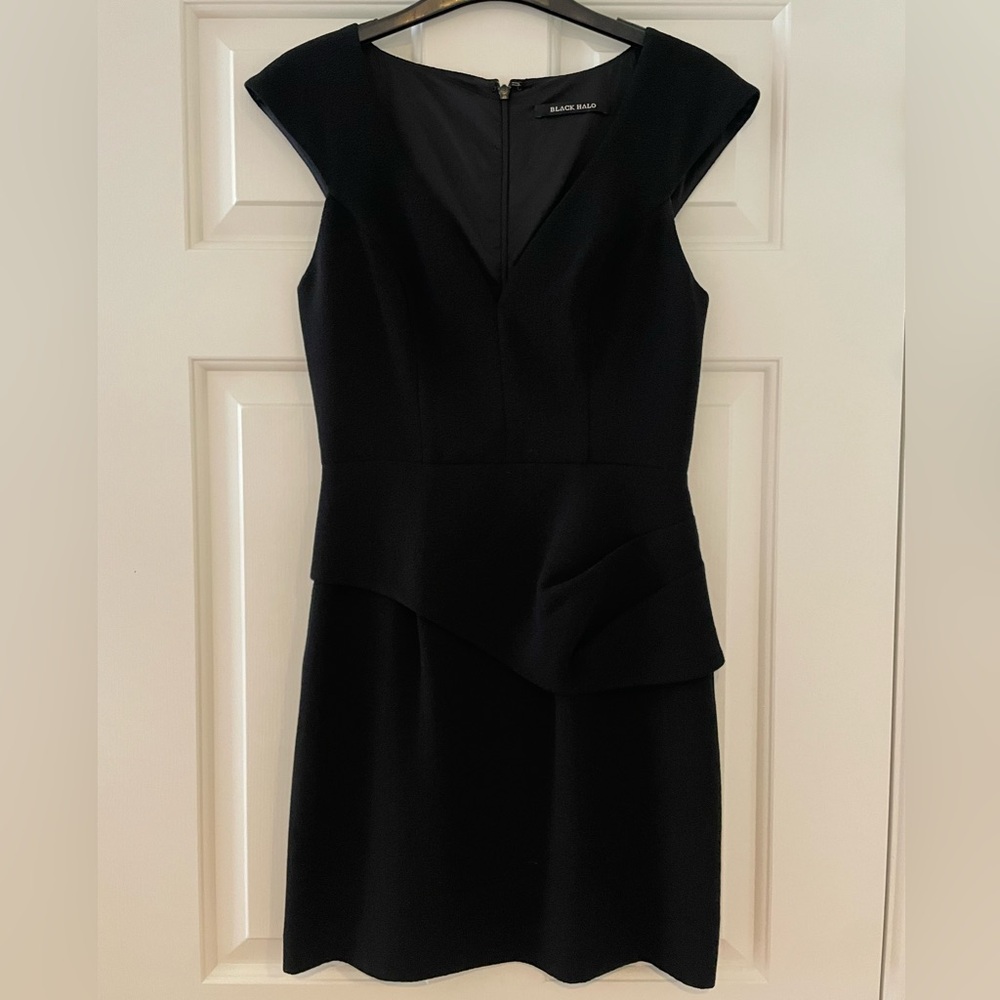 Black Halo Black Cap-Sleeve Peplum Sheath Dress